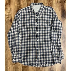 Eleventy Platinum Linen Shirt Button Up Size XL Blue Plaid Long Sleeve Pockets